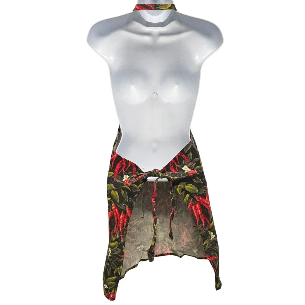 Fresh Impressions Red Chili Pepper Print Bib Apron with Pockets Black Cotton
